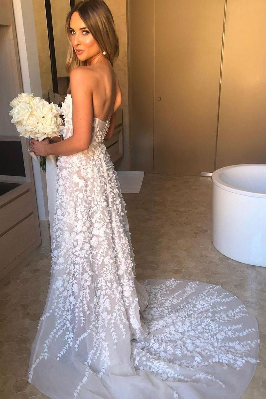 Beautiful A-line Sweetheart Applique Lace Wedding Dress, Slit Bridal Gown PW482