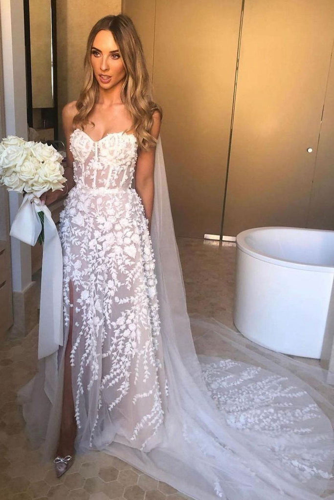 beautiful a line sweetheart applique lace wedding dress slit bridal gown
