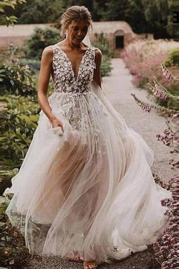 gorgeous a line v neck rustic wedding dresses with lace appliques