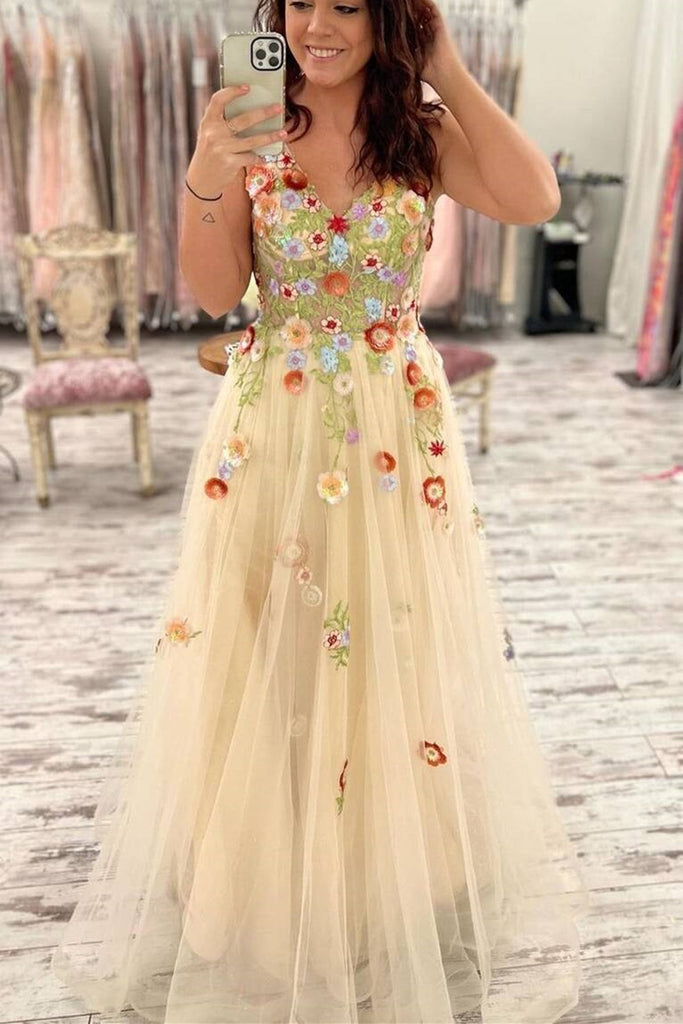 gorgeous v neck lace 3d floral long prom dress tulle formal evening dress with embroidery