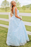 gorgeous v neck light blue lace prom dress with pocket long formal gown