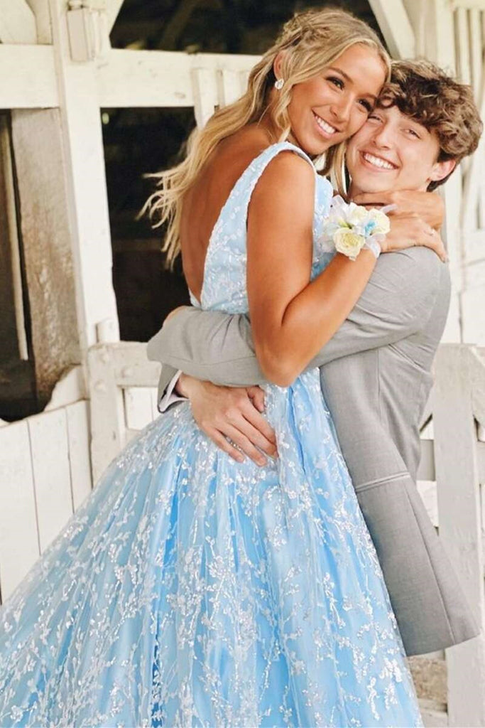gorgeous v neck light blue lace prom dress with pocket long formal gown