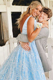 Gorgeous V Neck Light Blue Lace Long Prom Dress with Pocket, Light Blue Lace Formal Evening Dress A1522