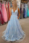 Gorgeous V Neck Light Blue Lace Prom Dress with Pocket, Long Formal Gown GP377