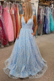 gorgeous v neck light blue lace prom dress with pocket long formal gown