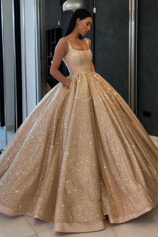 Ball Gown Quinceanera Gown Sequins Gold Sweet 16 Dress With Pockets MP364
