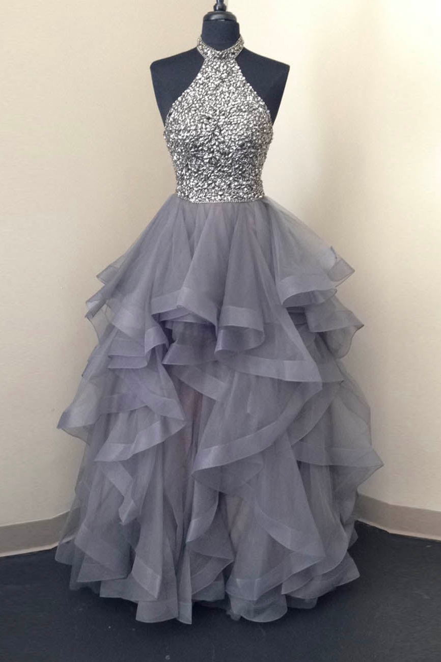 Gray Tulle Beads Long Prom Dress, Stylish Graduation Evening Gown GP341