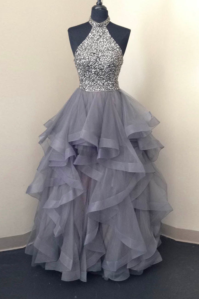 gray tulle beads long prom dress stylish graduation evening gown