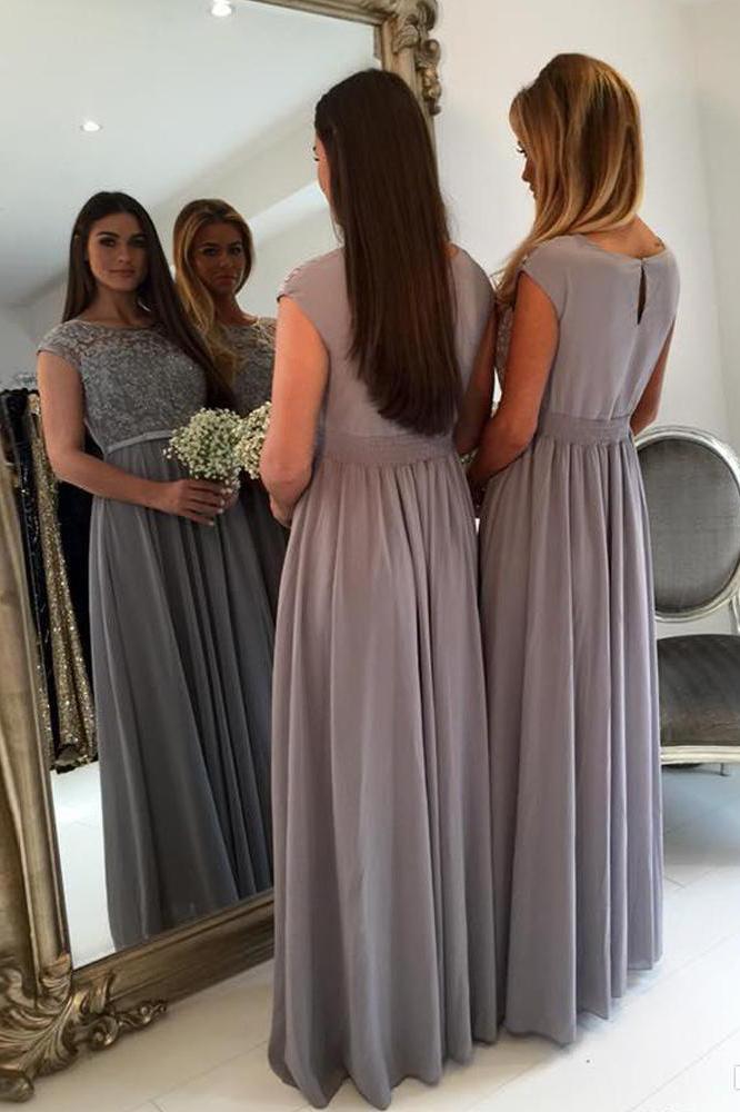 gray lace cap sleeves chiffon a line long bridesmaid dresses