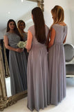 gray lace cap sleeves chiffon a line long bridesmaid dresses pb173