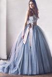 gray lace tulle princess ball gown wedding dress with bowknot pw266