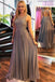 gray round neck long chiffon prom dress a line open back with beading