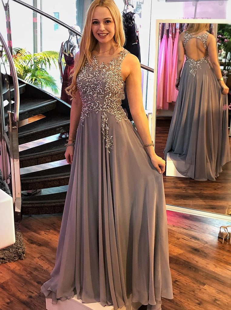 gray round neck long chiffon prom dress a line open back with beading