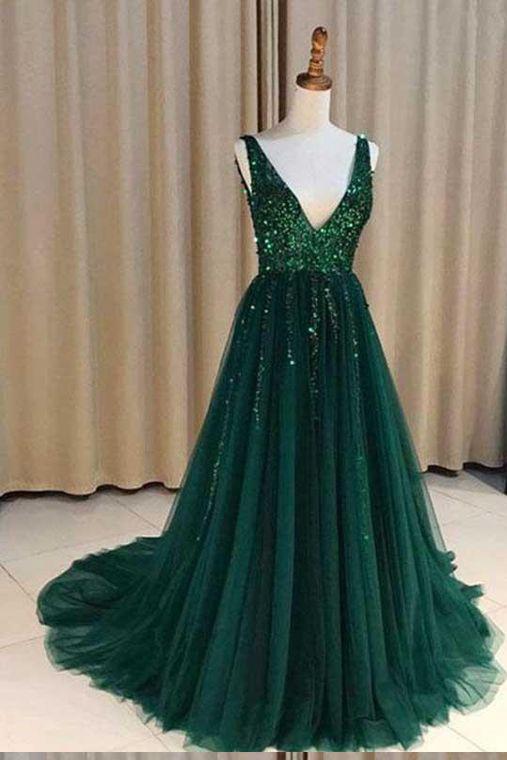 green sequins long prom dress backless a line v neck tulle with split