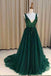 green sequins long prom dress backless a line v neck tulle with split