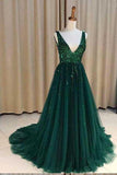 green sequins long prom dress backless a line v neck tulle with split mp917