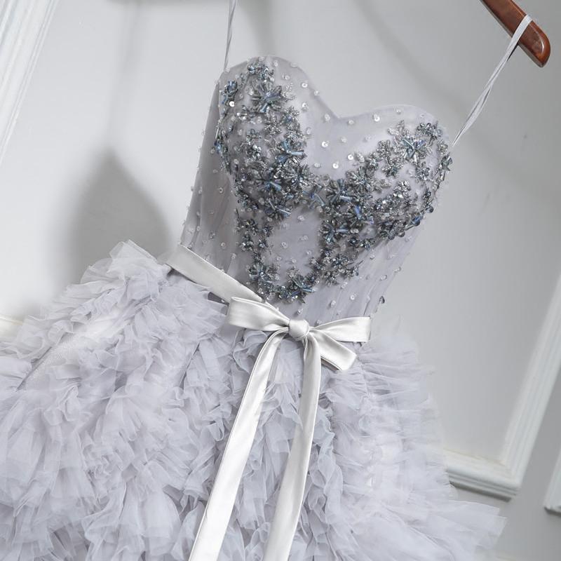 grey cute sweet 16 gown spaghetti straps beaded short mini party dress
