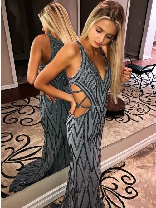 grey mermaid sequins long prom dress cut out evening dress