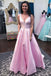 a line v neck sleeveless simple satin pink prom dress with pockets