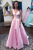 A-Line V-Neck Sleeveless Simple Satin Pink Prom Dress With Pockets GP66