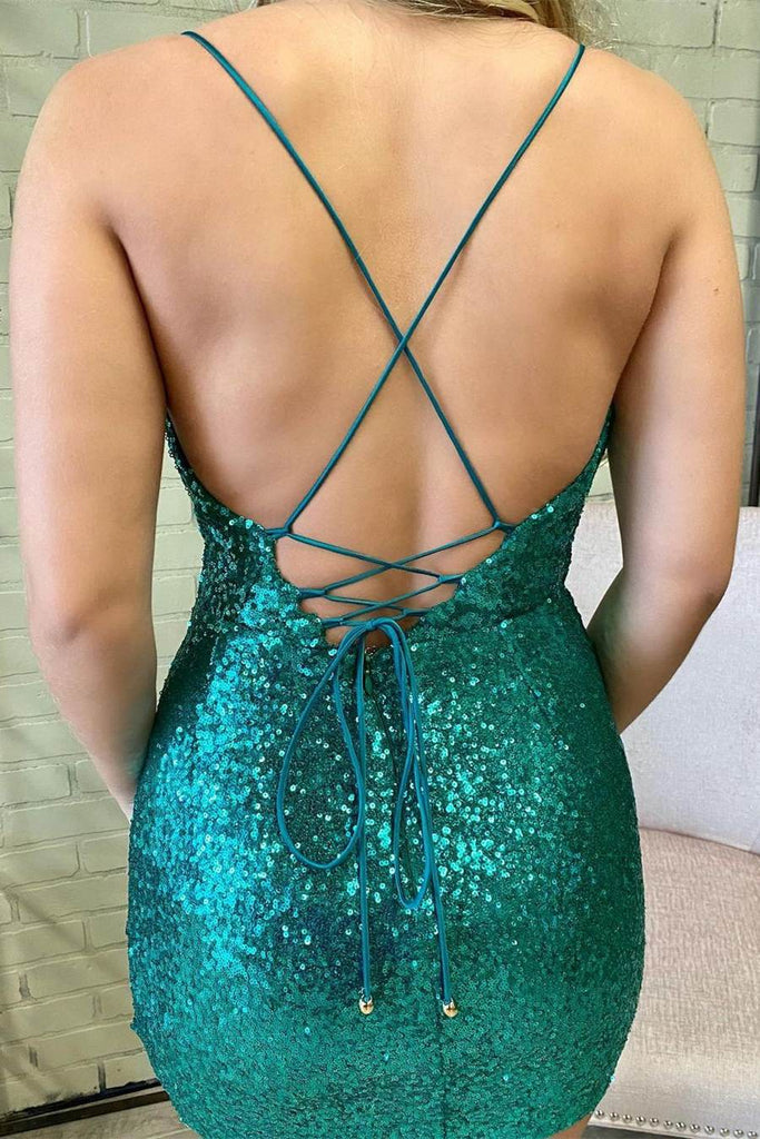 cowl neck green sequins bodycon party dress sleeveless short homecoming dress