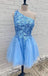 one shoulder light sky blue a line sequin applique short homecoming dresses