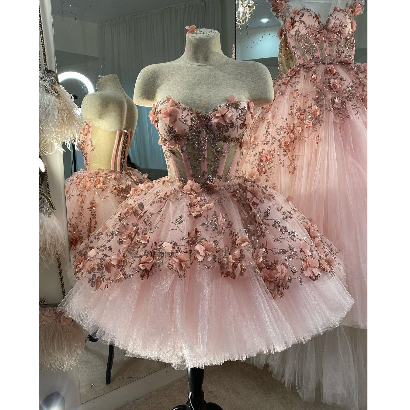 Princess Sweetheart Homecoming Dresses with Sequin 3d Flowers, Pink Sweet 16 Dresses GM524