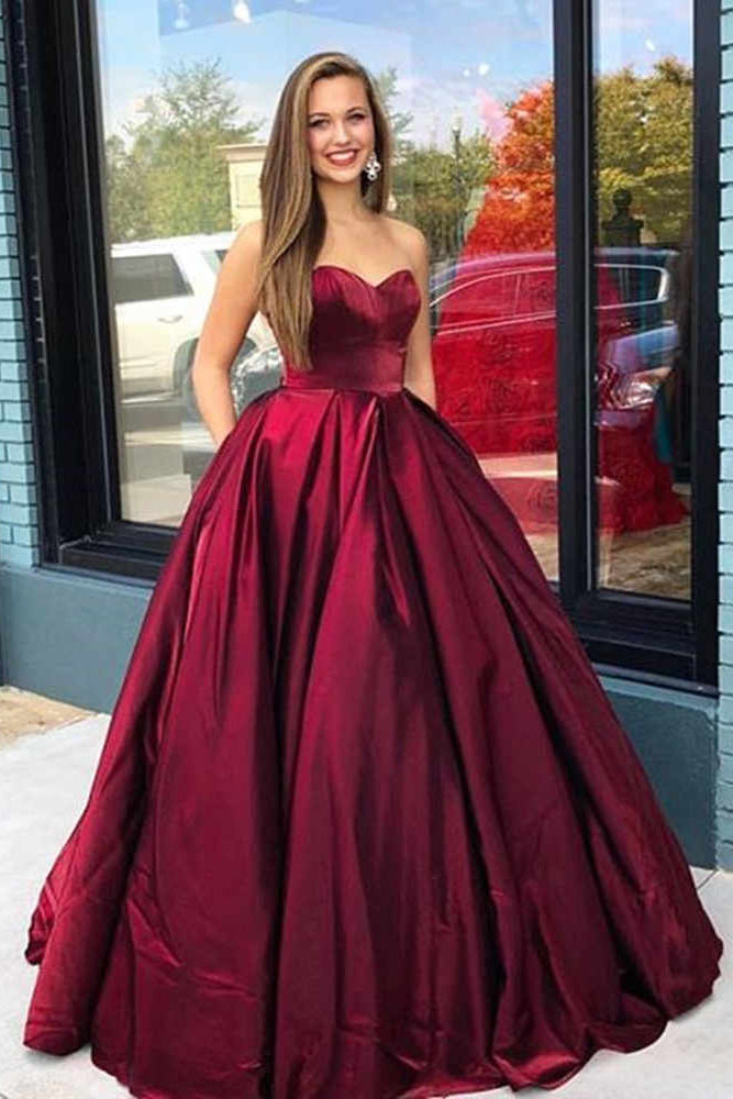 Elegant Simple Sweetheart Burgundy Ball Gown Prom Dresses With Pockets MP910