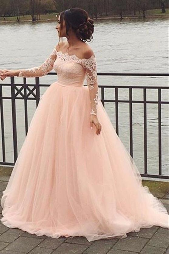Off Shoulder Lace Appliques Long Sleeve Tulle Pink Wedding Dresses PW104
