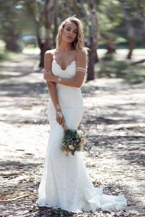 Backless lace wedding dresses v neck spaghetti mermaid wedding dress mg671