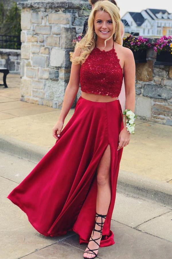 Halter A-Line Two Piece Prom Dresses With Tie Back, Red Evening Gown With Slit GP358