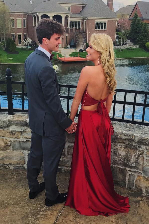 Halter A-Line Two Piece Prom Dresses With Tie Back, Red Evening Gown With Slit GP358