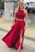 halter a line two piece prom dresses with tie back red evening gown with slit