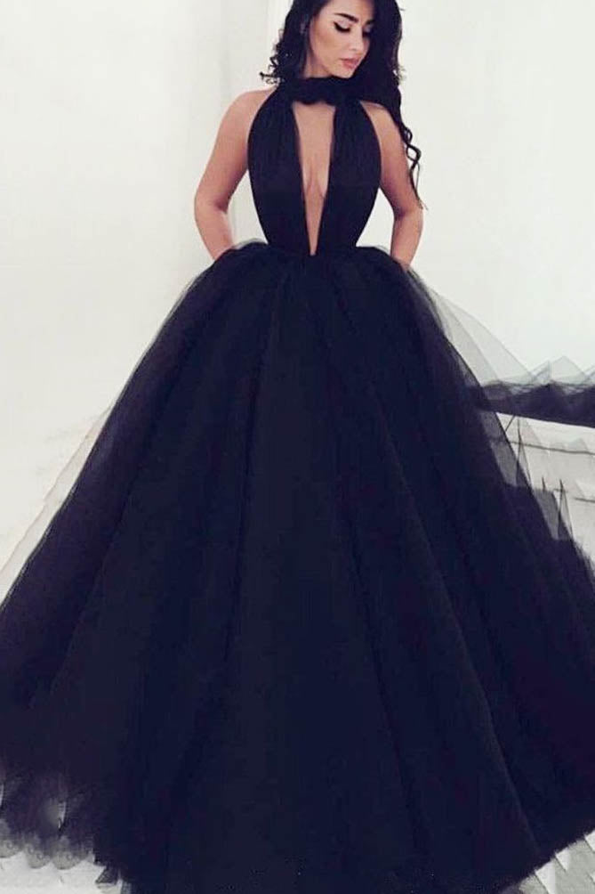 Halter Neckline Black Long Prom Dresses, Black Formal Evening Dress MG100