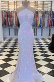 halter pink sequins mermaid long prom dresses sparkly lace up formal dress