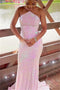 Halter Pink Sequins Mermaid Long Prom Dresses, Sparkly Lace-Up Formal Dress GP493
