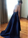 royal blue halter satin backless long prom dress with slit