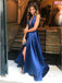 royal blue halter satin backless long prom dress with slit