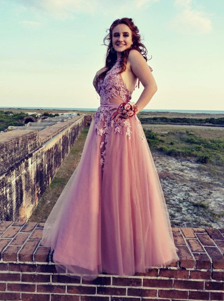 halter skin pink lace appliques tulle long formal prom dress