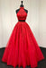 halter two piece tulle red long prom dress with beaded appliques