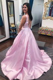 a line v neck sleeveless simple satin pink prom dress with pockets