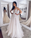 Spaghetti Straps A-line Tulle V-back Boho Wedding Dress, Applique Wedding Gown PW495