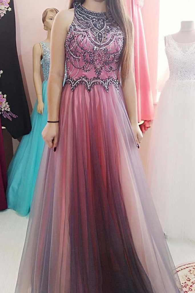 high neck tulle beaded bodice long prom dress with keyhole back