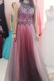 High Neck Tulle Beaded Bodice Long Prom Dress With Keyhole Back MP764