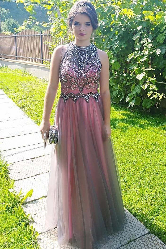High Neck Tulle Beaded Bodice Long Prom Dress With Keyhole Back MP764