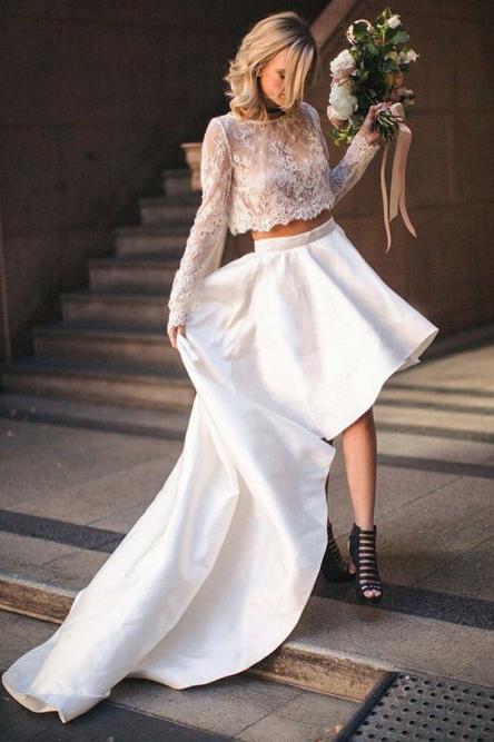 high low two piece bateau lace wedding dress with long sleeves