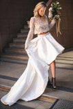high low two piece bateau lace wedding dress with long sleeves pw258