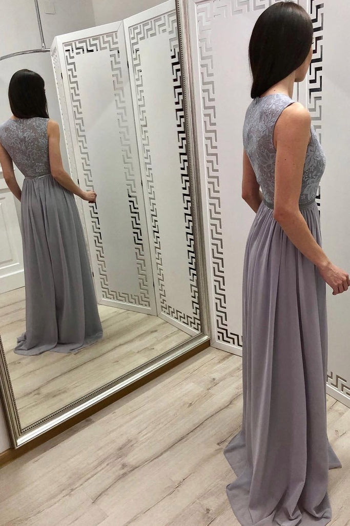 a line chiffon long prom dress with applique grey long bridesmaid dress