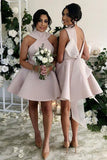 High Neck Satin Short Blush Short/Mini Bridesmaid Dresses with Bowknot PB181