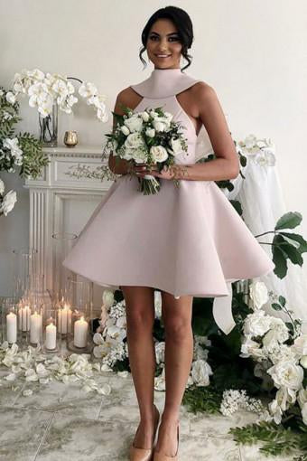high neck satin short blush short mini bridesmaid dresses with bowknot